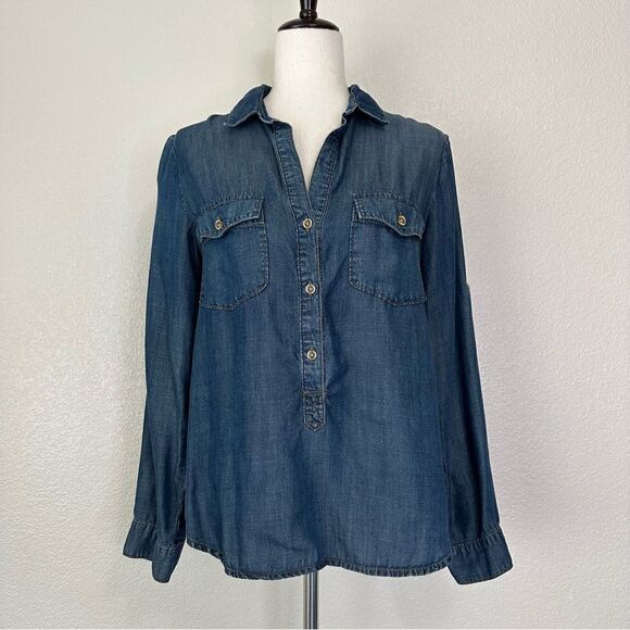 Anthropologie Cloth & Stone 100% Tencel Chambray Pop Over Top - Picture 1 of 13